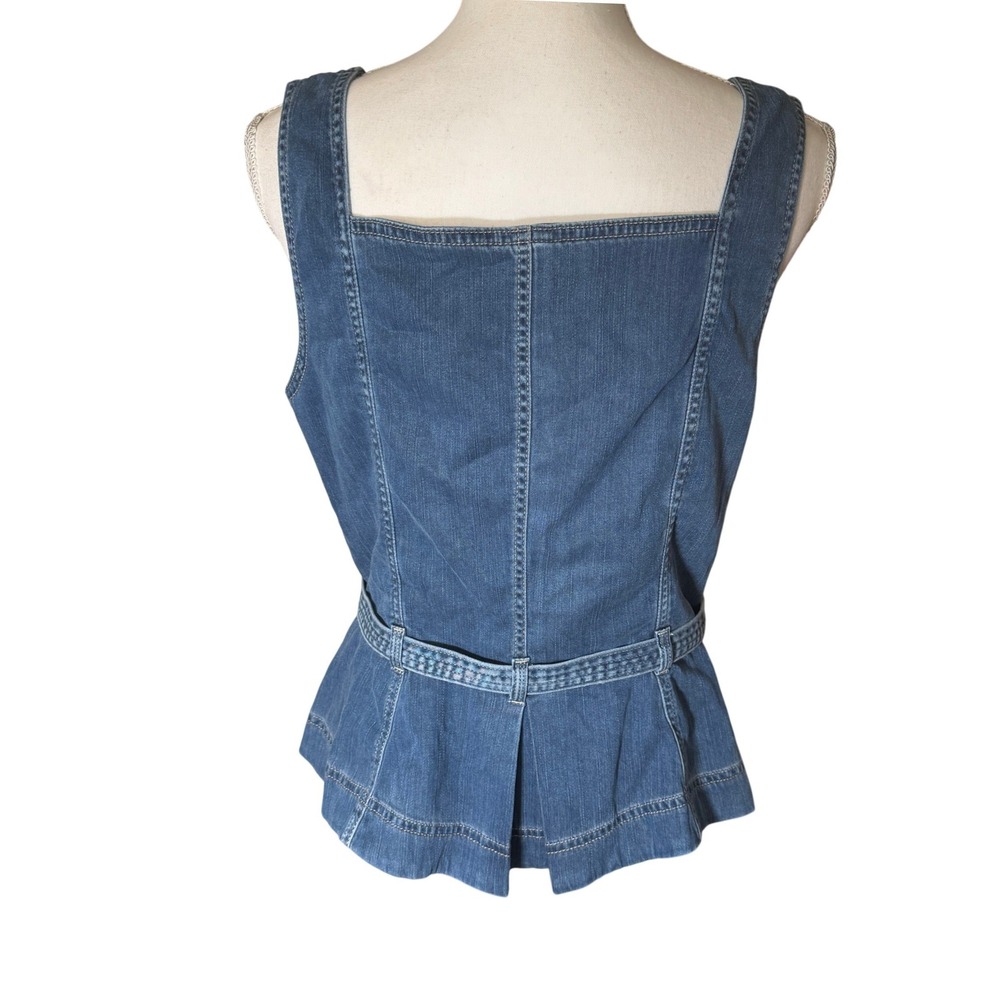 White House Black Market Topstitch Denim Bodice‎ Peplum Belted Top Blue 14 NWT - Picture 2 of 13